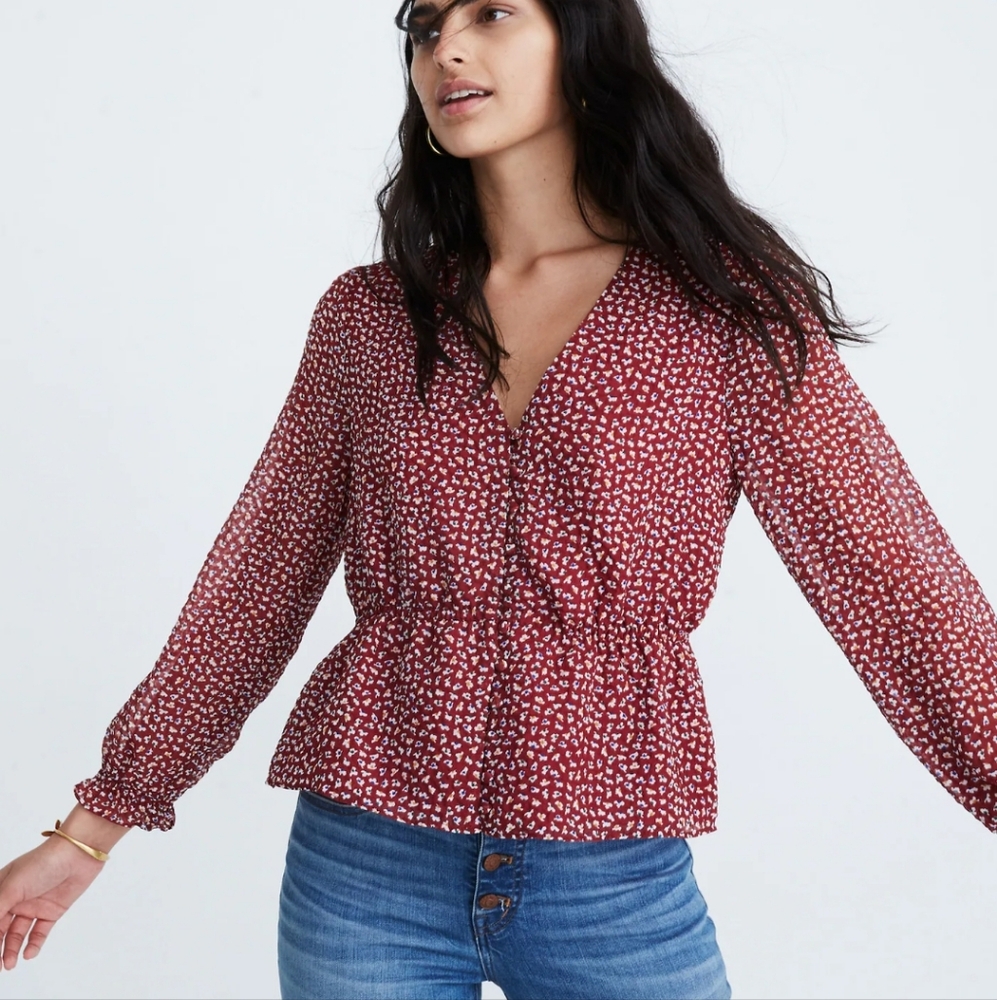 Madewell Overture Top in Ditsy Flowers NWOT Peplum Buttons Flowy Long Sleeve